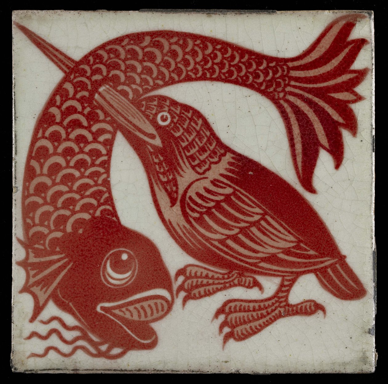 Flis med Kingfisher med nebb gjennom fisk, 1882-88 (rødt og hvitt glanstøy) av William de Morgan
