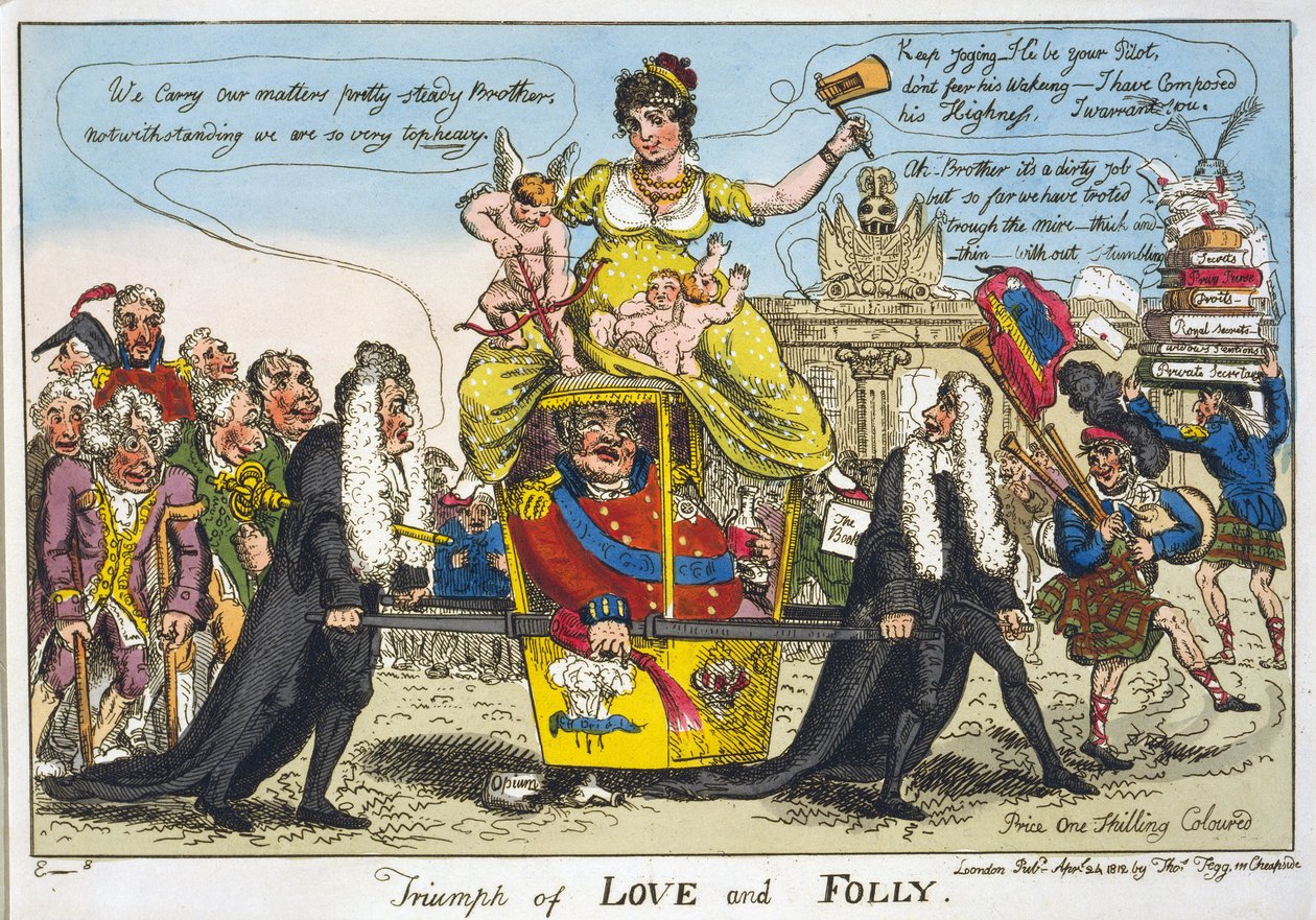 Triumph of Love and Folly, pub. 1812 (håndfarget gravering) av William Elmes