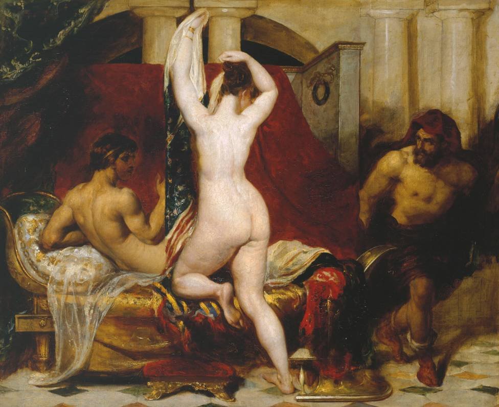 Candaules, konge av Lydia, viser sin kone gjemme Gyges, en av hans ministre, mens han legger seg Dette bildet illustrerer Herodotus versjon av historien om Gyges.n Engelsk: Candaules, King of Lydia, Shews his Wife by Stealth to Gyges, One of h av William Etty
