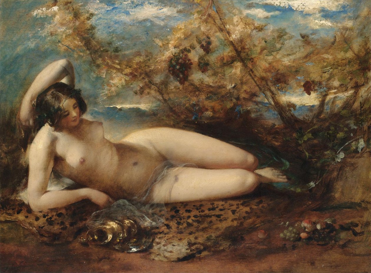 En ung kvinne som lå på et pelsteppe av William Etty
