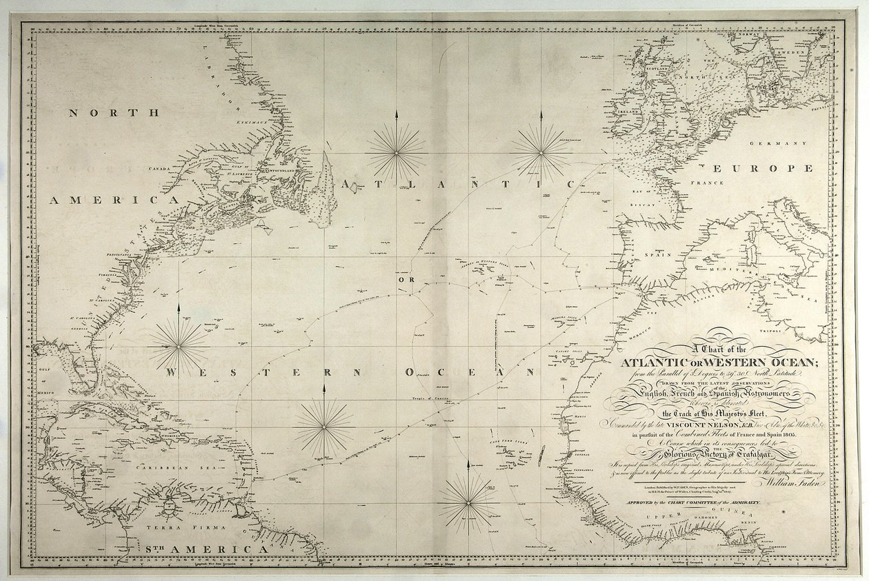 Et kart over Atlanterhavet eller Vesthavet, som viser sporet til Nelsons flåte, 12. mai-15. august 1805, 1807 av William Faden