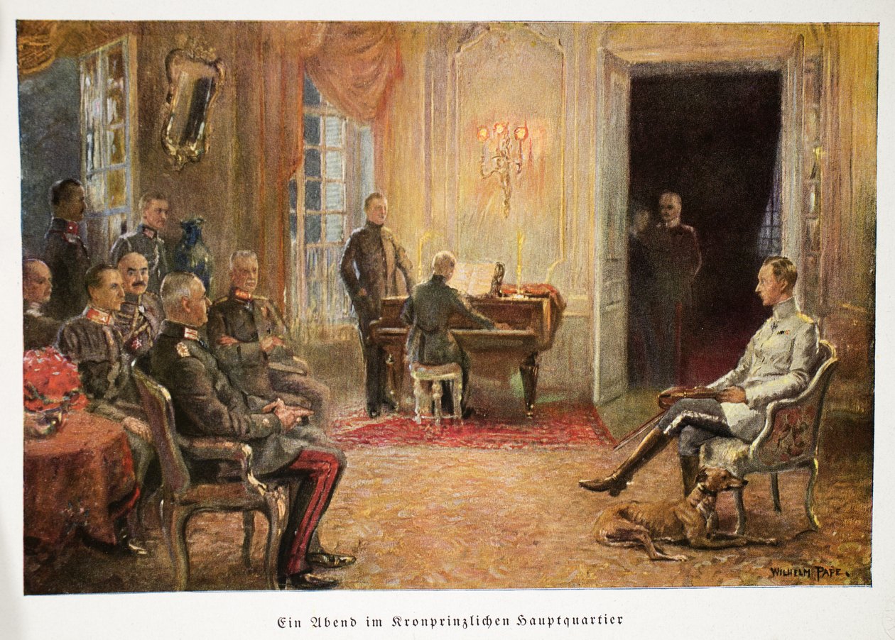 William, kronprins av Tyskland lytter til en pianokonsert i hovedkvarteret hans, pub. 1917 (fargelitografi) av William Friedrich Georg Pape