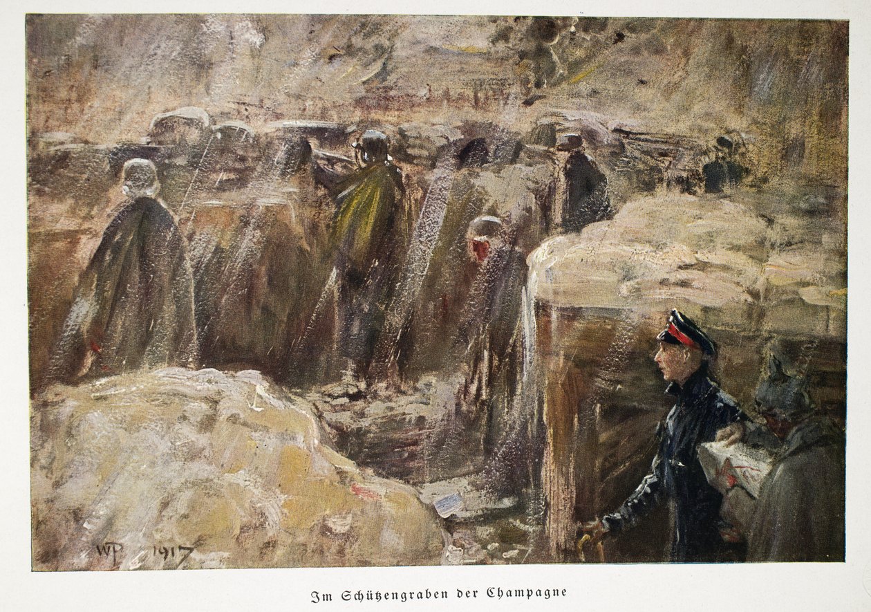 William, kronprins av Tyskland besøker troppene bak linjene i skyttergravene deres på Champagne pub. 1917 (fargelitografi) av William Friedrich Georg Pape