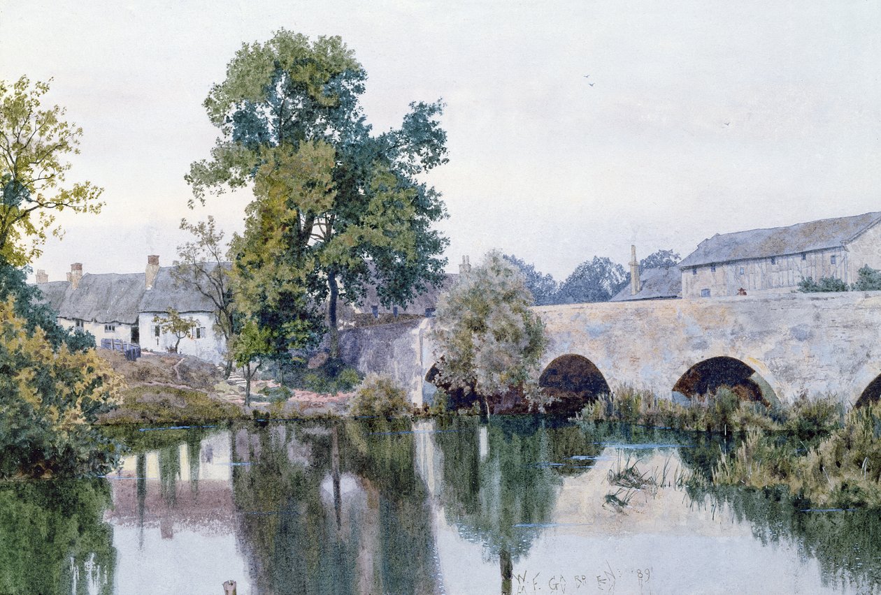 Steinbro til landsbyen, 1889 (wc på papir) av William Garden Fraser