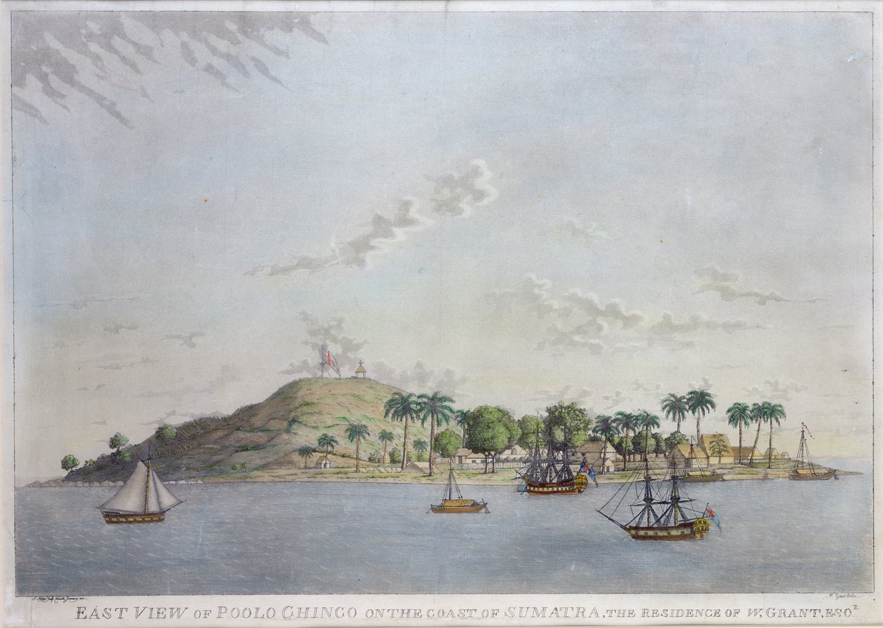 Østutsikt over Poolo Chinco på kysten av Sumatra, boligen til W. Grant Esq., gravert av James Moffat, 1802 (håndfarget akvatint) av William James Grant