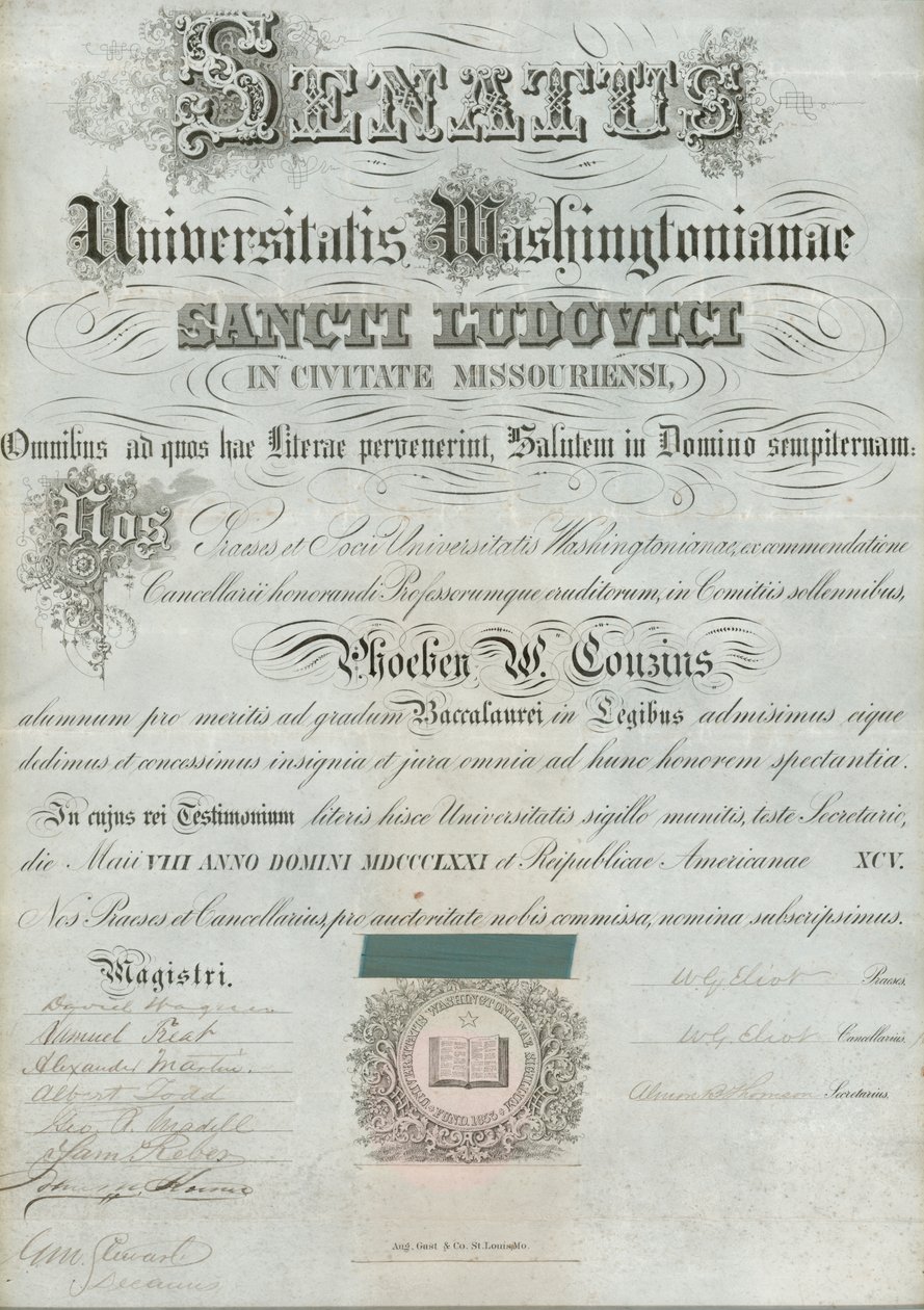 Washington University diplom av Phoebe Couzins, signert president W.G. Eliot et al., 8. mai 1871 av William Greenleaf Eliot