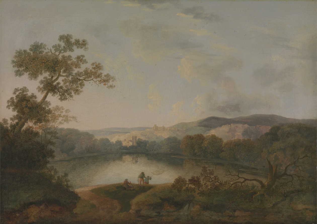 Utsikt over en innsjø med fiskere av William Groombridge