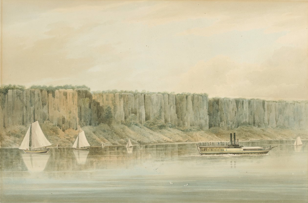 View of the Palisades, New Jersey: Forberedende studie for plate 19 av Hudson River PortFolio, 1820 (Akvarell, grafitt og utskraping med innslag av gouache på papir, lagt på kort.) av William Guy Wall