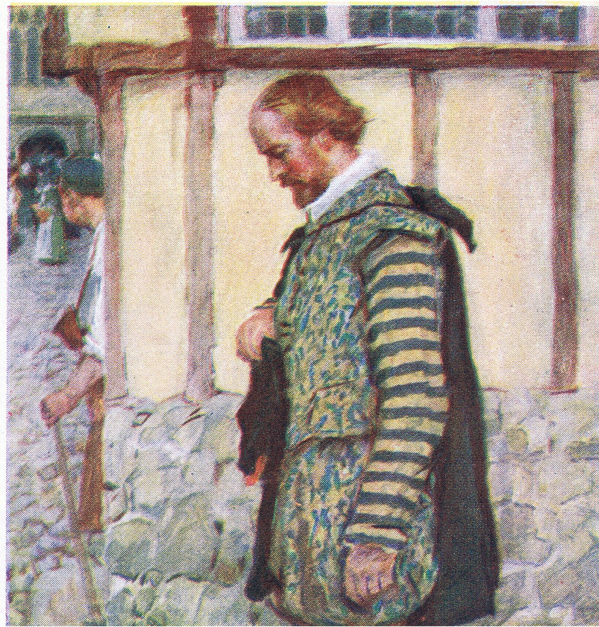 Shakespeare tar av seg hatten mens han hører lyden av en forbipasserende bjelle, fra My Magazine, pub.1922 av William Hatherell