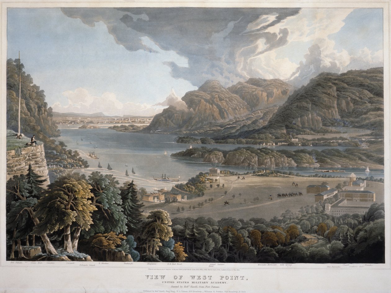 View of West Point, United States Military Academy, 1848 (håndfarget akvatint og gravering på vevd papir) av William Havell