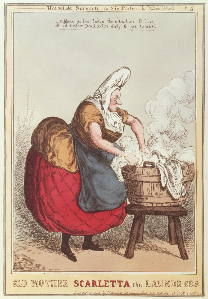 Old Mother Scarletta the Laundress, nr.5 fra serien Husholdningstjenere, utgitt i 1829 av William Heath