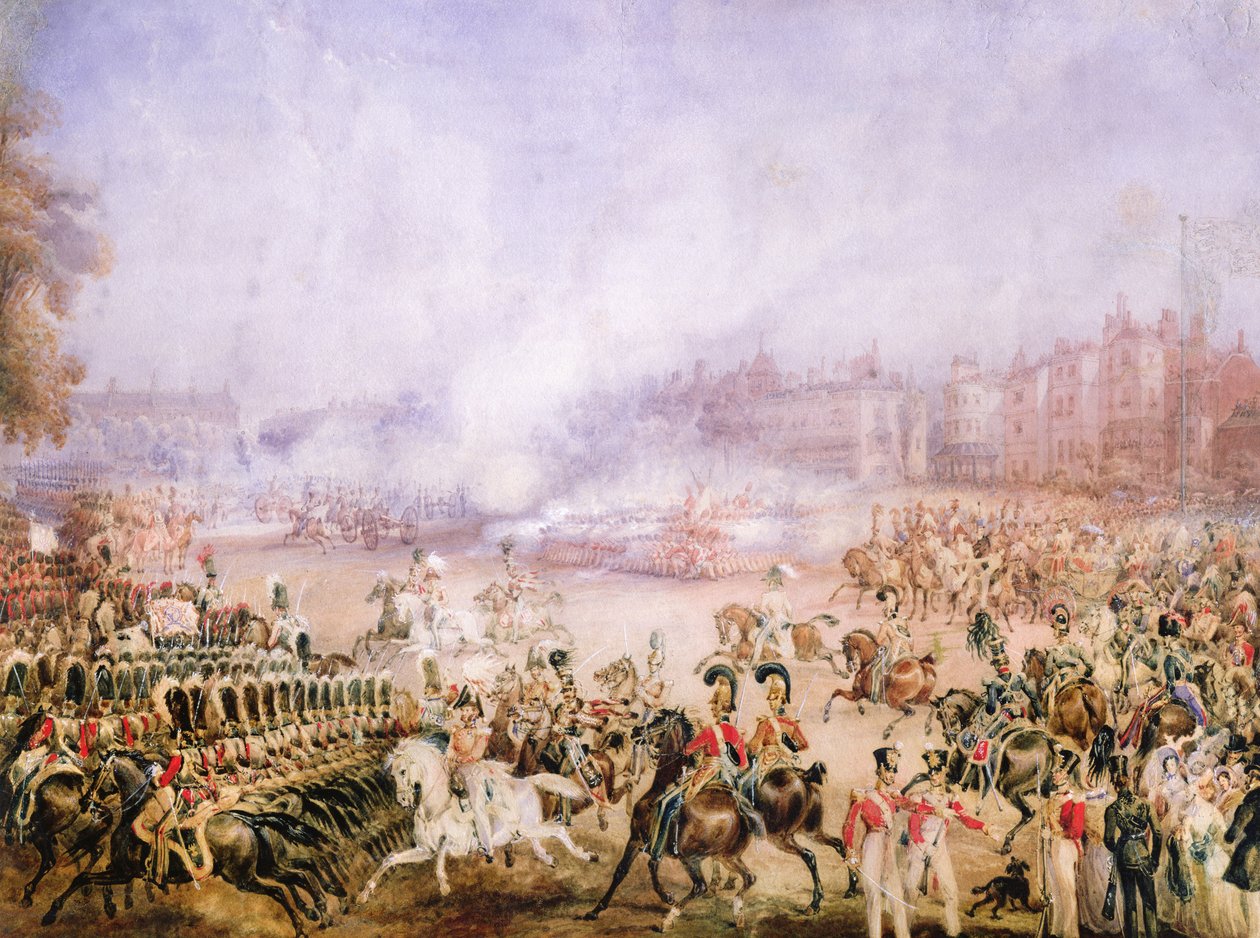 Queen Victorias Accession Day Salute, Hyde Park, London, 1837 (blyant, gummi arabicum, wc og gouache på papir) av William Heath