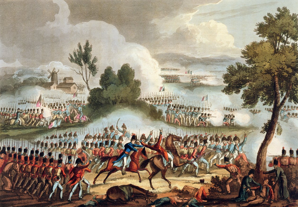 Den venstre fløyen til den britiske hæren i aksjon i slaget ved Waterloo, 18. juni 1815, fra 