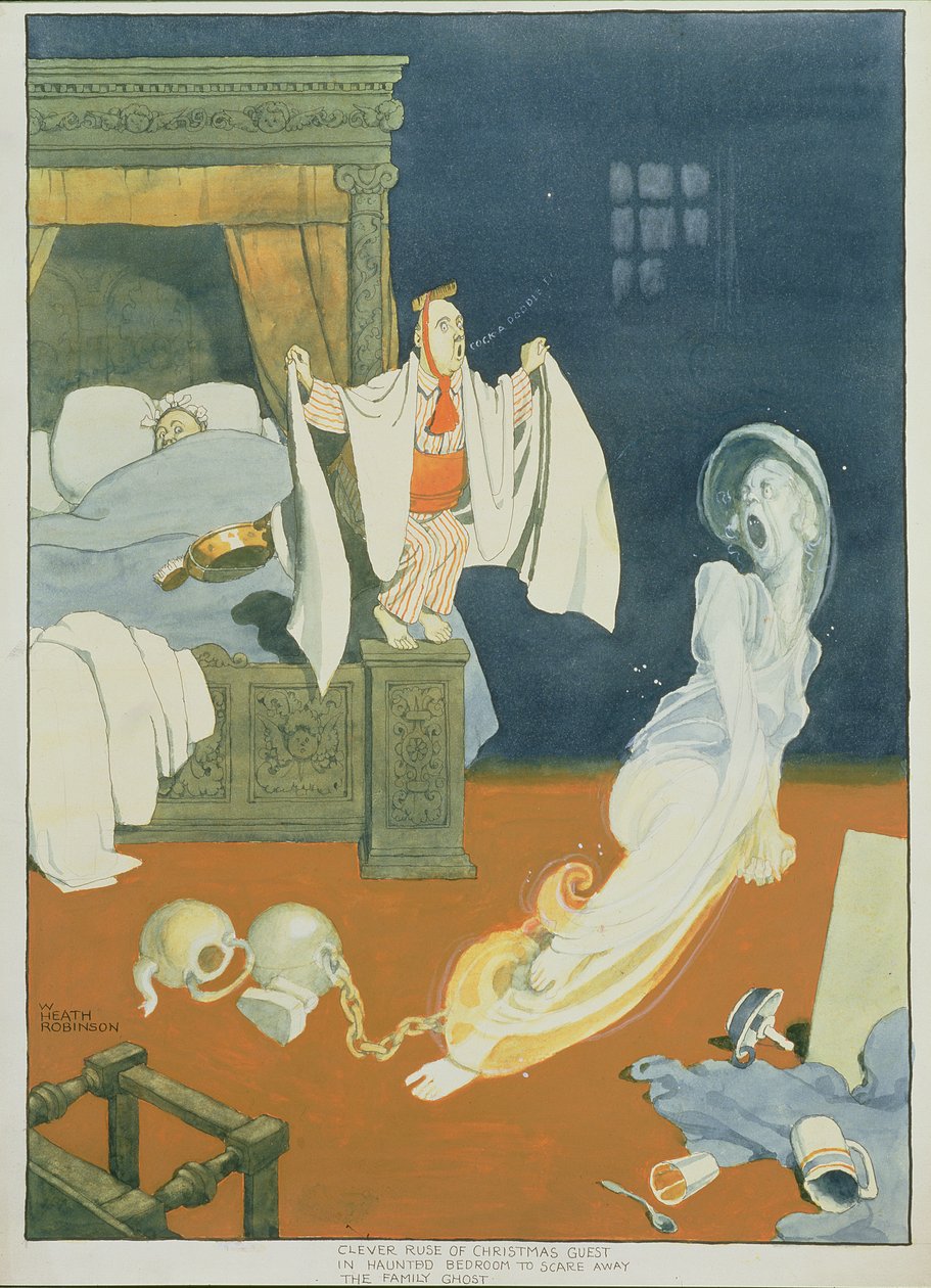 Smart knep av julegjest på hjemsøkt soverom for å skremme bort familiens spøkelse (penn og blekk og wc på papir) av William Heath Robinson