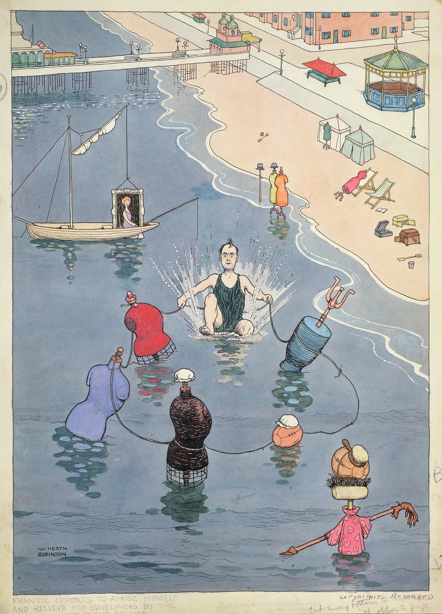 Franetiske forsøk på å underholde seg selv og lindre hans ensomhet av den siste mannen som er igjen ved sjøen av William Heath Robinson