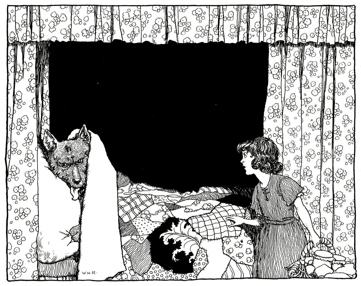 Rødhette gikk til sengen, illustrasjon fra Old Time Stories av Charles Perrault, pub. av Constable & Co Ltd, 1921 av William Heath Robinson