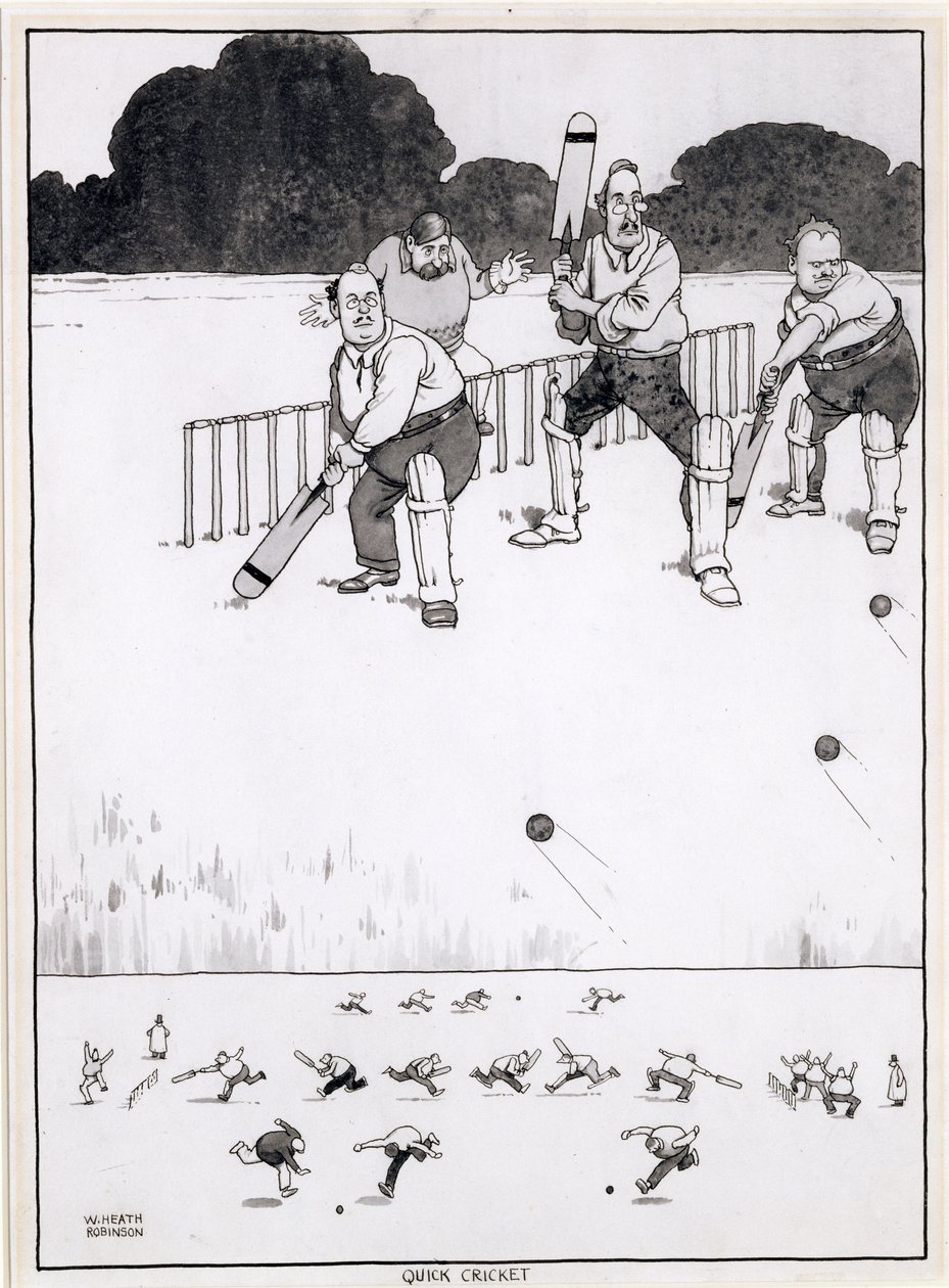 Quick Cricket, en ny metode for å gi begge sider en sjanse, en illustrasjon for The Bystander, mai 1927 (penn og blekk og wc) av William Heath Robinson