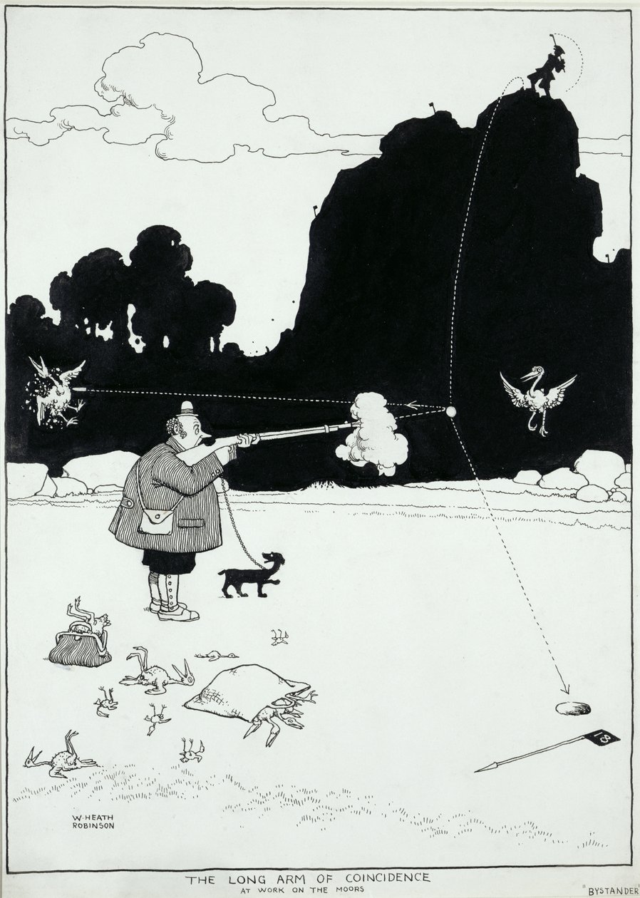 The Long Arm of Coincidence at Work on the Moors, en illustrasjon for The Bystander, august 1922 (penn og blekk) av William Heath Robinson