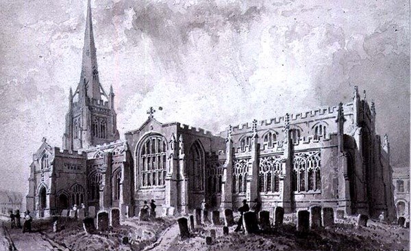 St. Johannes døperen, Thaxted, Essex, utsikt fra sørvest av William Henry Bartlett