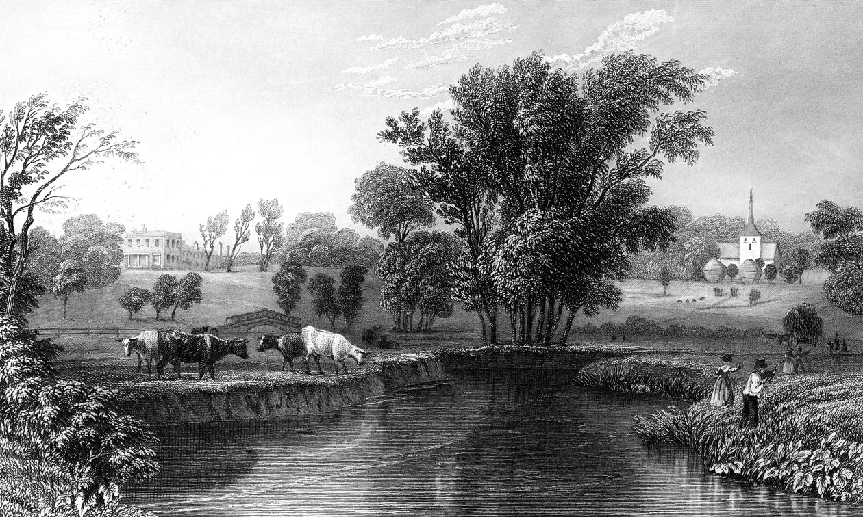 Stisted Hall and Church, Essex, gravert av William Wallis, 1832 av William Henry Bartlett