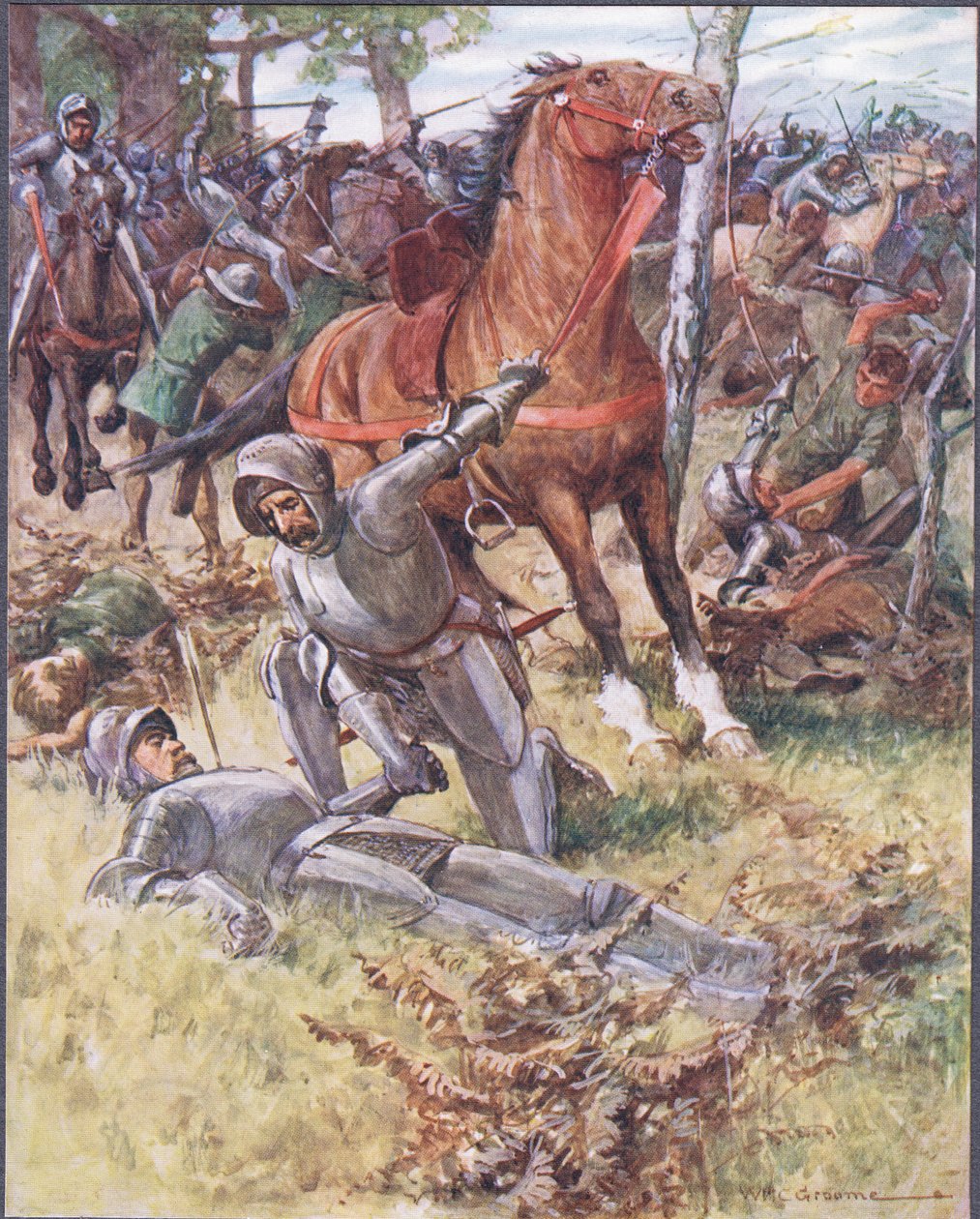 Earl Percy forlot livet og tok den døde mannen i hånden, illustrasjon fra Ballads of Famous Fights, ca. 1900 av William Henry Charles Groome