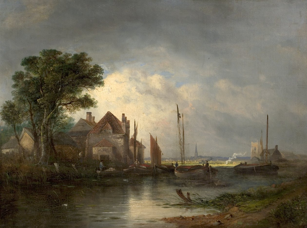 Elvescene med båter, 1800-tallet av William Henry Crome