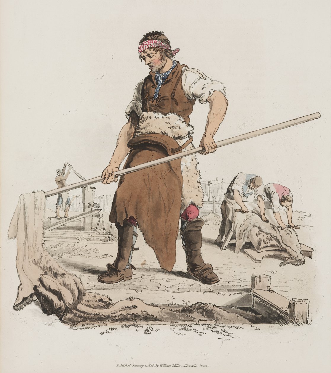 Tanning, fra The Costume of Great Britain, 1805 (håndfarget akvatint) av William Henry Pyne
