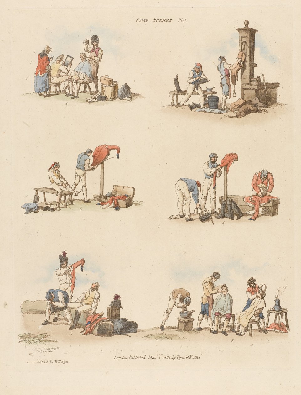Camp Scenes, 1803 (farget etsning) av William Henry after Pyne