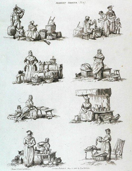 Market Groups, from Microcosm, Vol.II, gravert av J. Hill, ca. 1806 av William Henry after Pyne