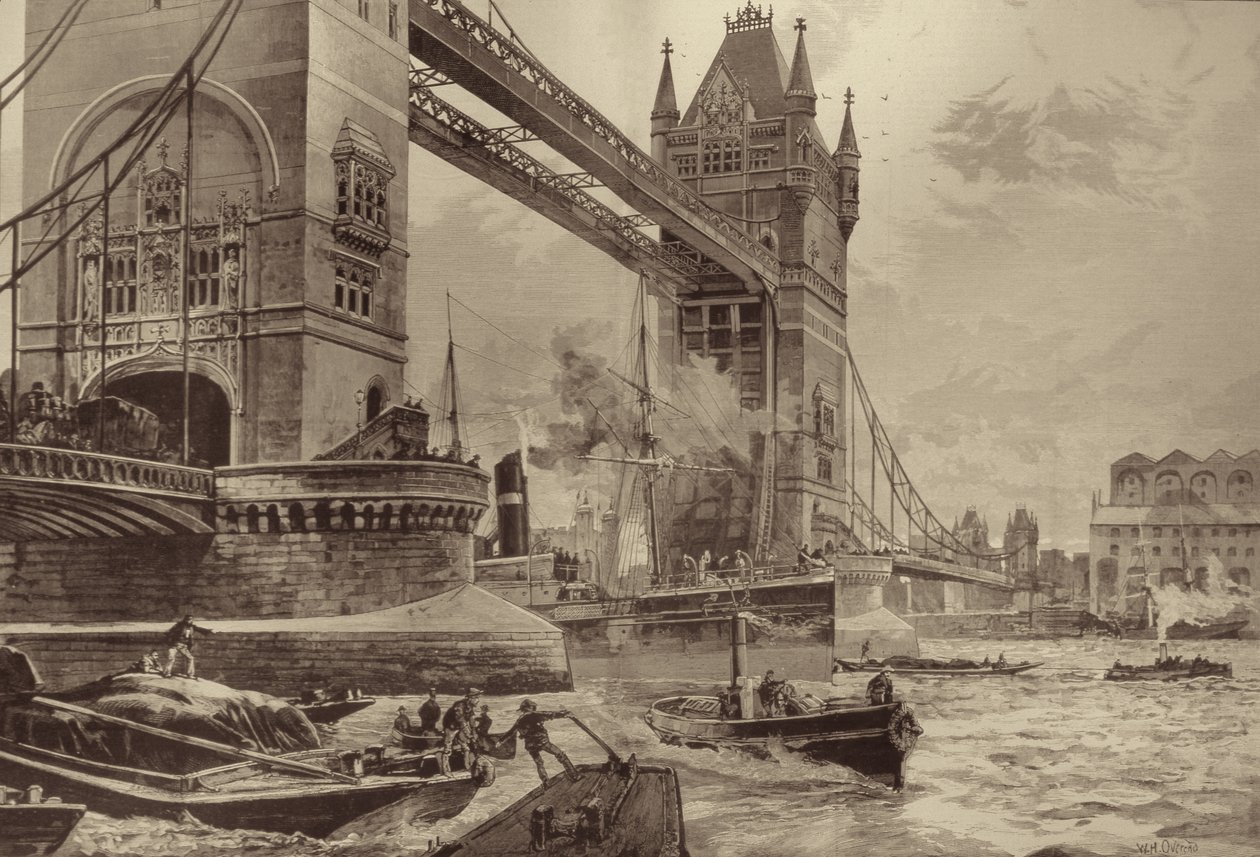 Tower Bridge, som skal reises over Themsen: Grunnstein lagt av prinsen av Wales på mandag sist, fra The Illustrated London News, 26. juni 1886 av William Heysham after Overend