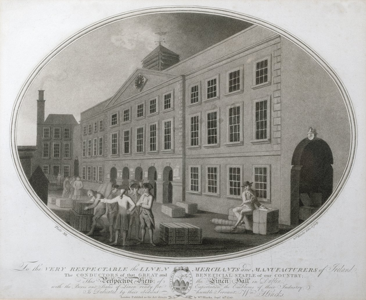 Et perspektivbilde av Linen Hall i Dublin, plate XII av The Linen Manufactory of Ireland, 1783 (mezzotint) av William Hincks