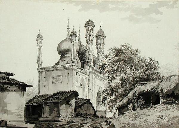 En moské i Gazipoor, ca. 1781 (blyant, penn, blekk og vask på papir) av William Hodges