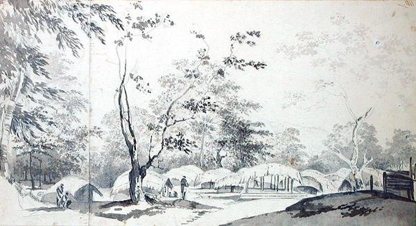 En utsikt over en bakkelandsby i distriktet Baugelepoor (Bhagalpur) 1783 (grå vask og grafitt på to sammenføyde papirstykker) av William Hodges