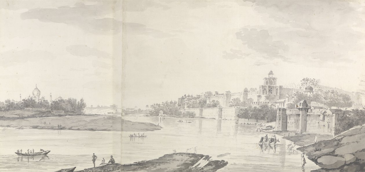 En utsikt over Agra-fortet ved elven Jumna fra nord-øst, ca. 1783 (grå vask og blyant på papir) av William Hodges