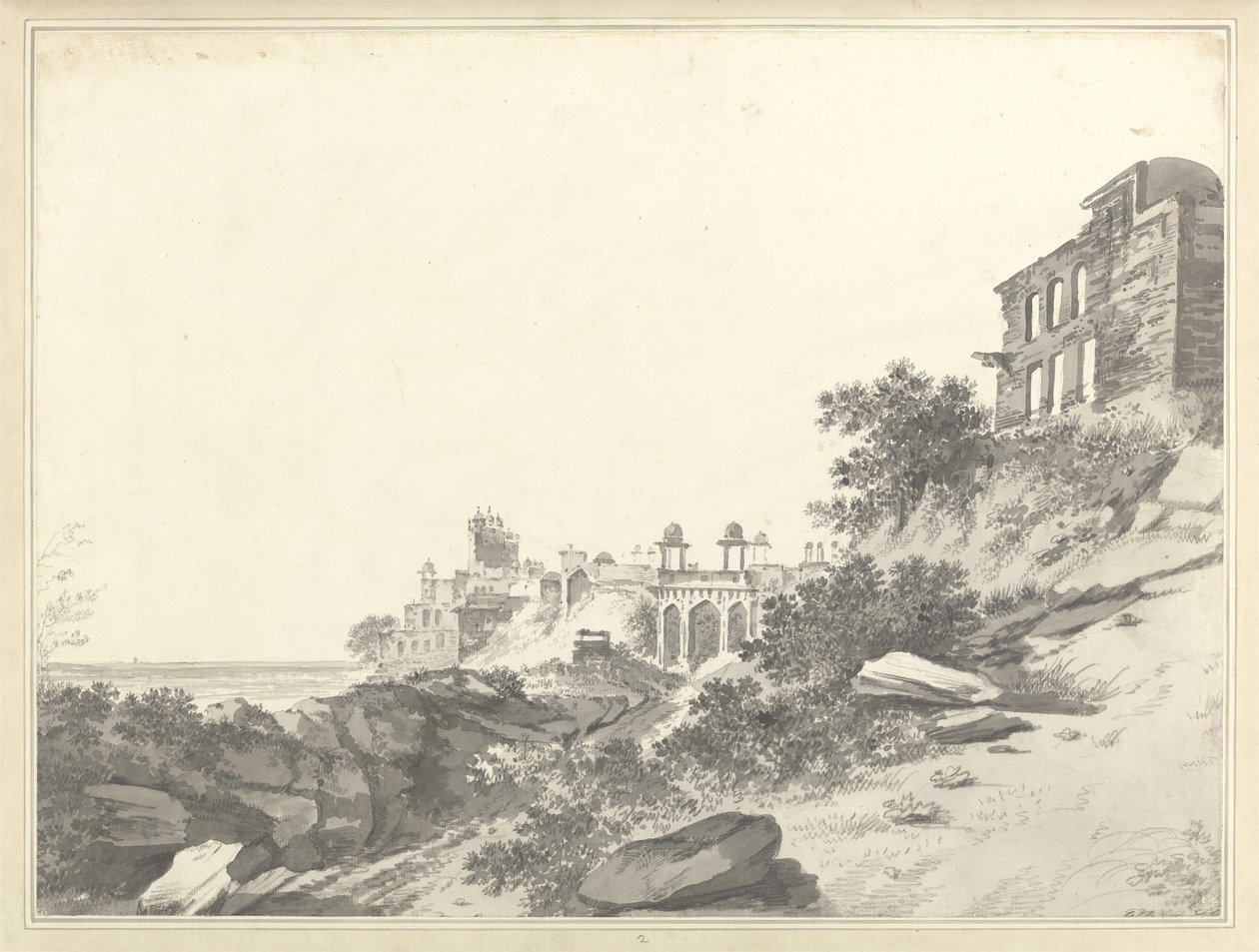 En utsikt over ruinene av palasset og moskeen ved Fatehpur Sikri, ca. 1783 (vask og grafitt på papir) av William Hodges