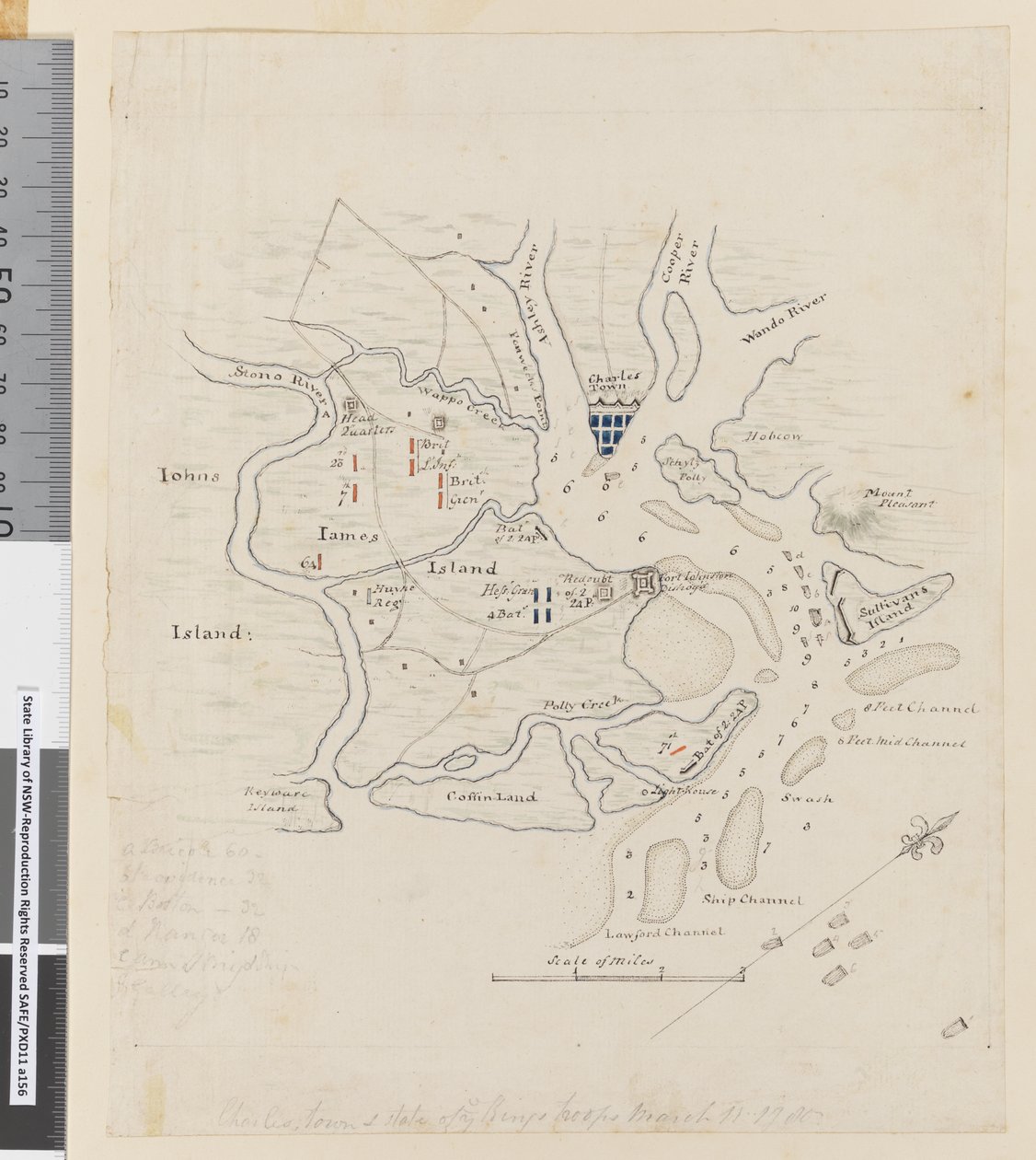 Side 37b Kart over Charlestown og kongens tropper, 11. mars 1780 (blyant, penn og blekk) av William Hodges