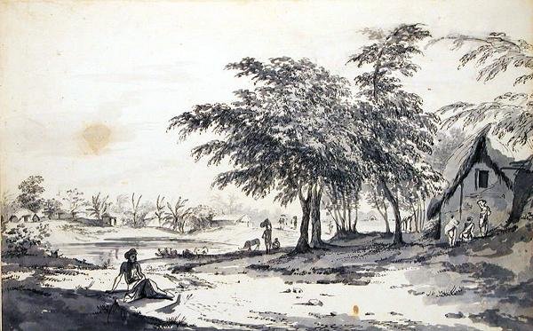 Utsikt over en indisk landsby med en mann i forgrunnen, ca. 1781-83 (grå vask, penn og svart blekk og grafitt på lagt papir) av William Hodges