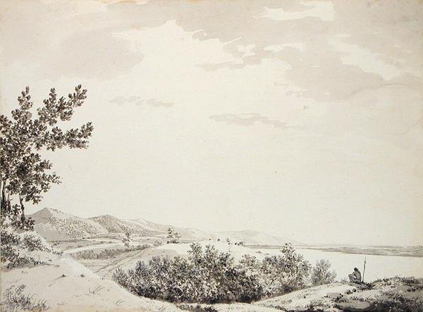 Utsikt over Rajmahal-åsene med en sentenial i forgrunnen, ca. 1781 (grå vask, penn og svart blekk og grafitt på papir) av William Hodges