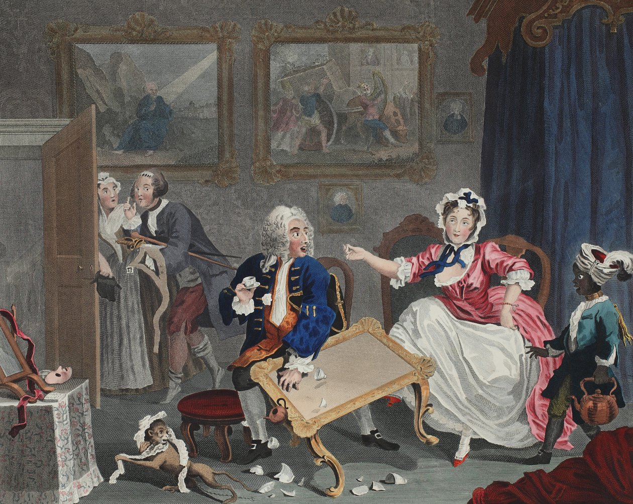 A Harlot's Progress, plate II, illustrasjon fra 'Hogarth Restored: The Whole Works of the celebrated William Hogarth, re-graved by Thomas Cook', pub. 1812 (håndfarget gravering) av William Hogarth
