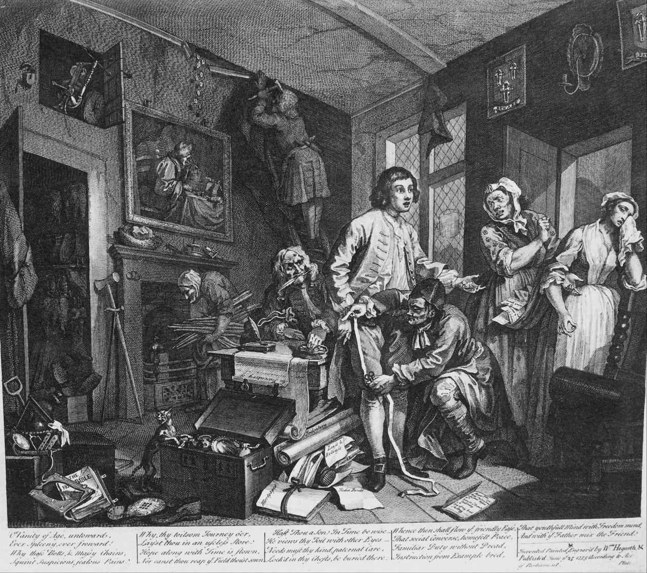 A Rakes Progress, Plate 1, The Young Arving Takes In besit av Misers Effects av William Hogarth