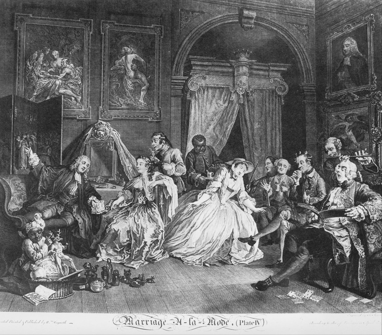 Ekteskap à la Mode, plate 4, (grevinnene Levee) av William Hogarth
