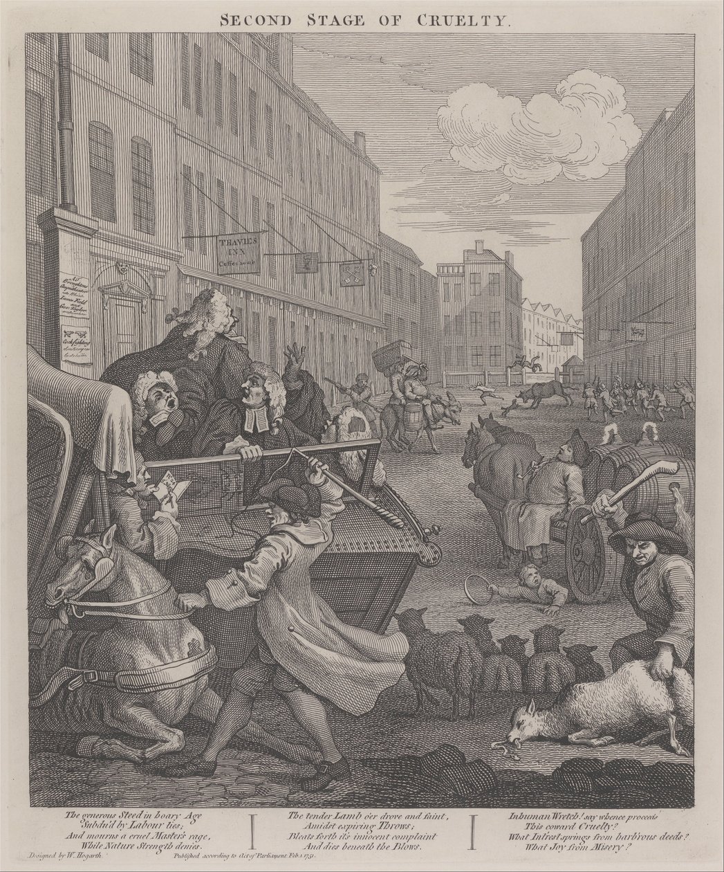 Den andre fasen av grusomhet- Kusk som slo en falden hest av William Hogarth