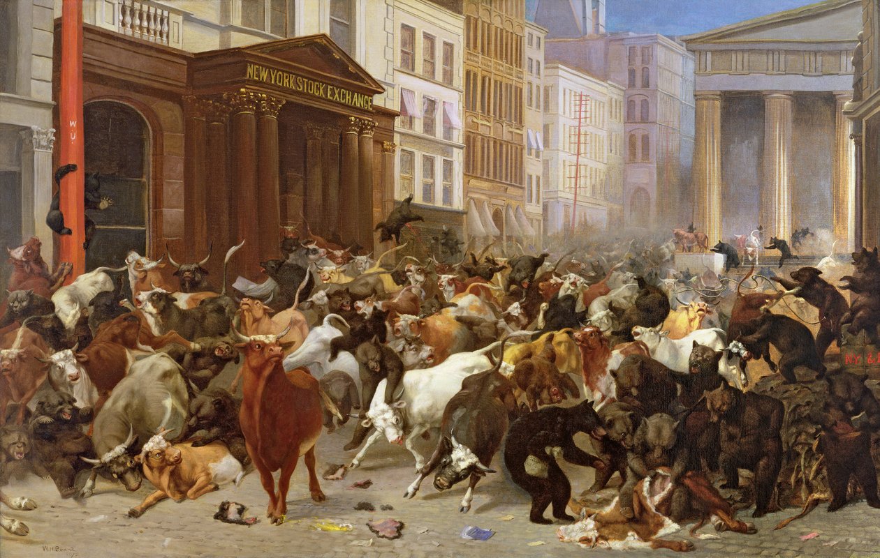 Oksene og bjørnene på markedet, 1879 av William Holbrook Beard