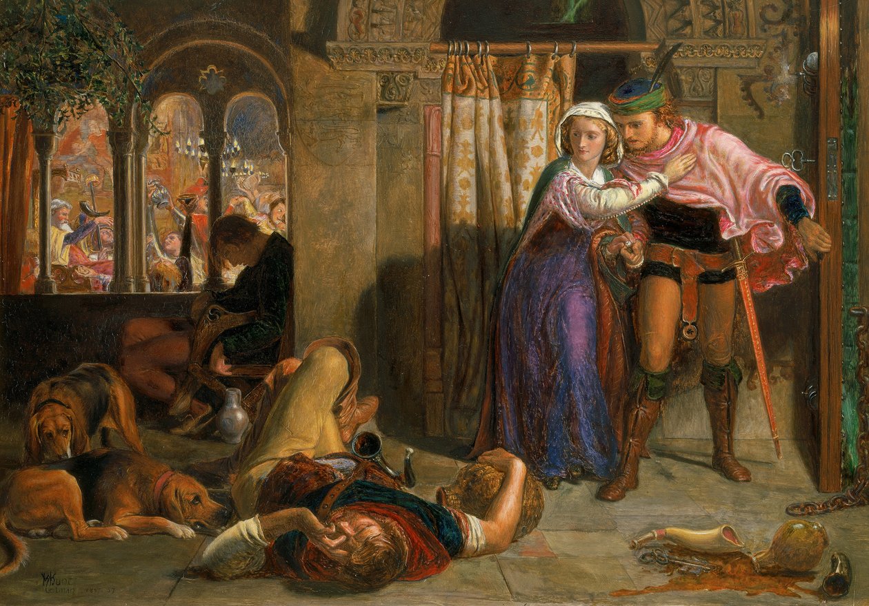Flyet til Madeline og Porphyro under fyllaen som deltok i festligheten (The Eve of St. Agnes) av William Holman Hunt