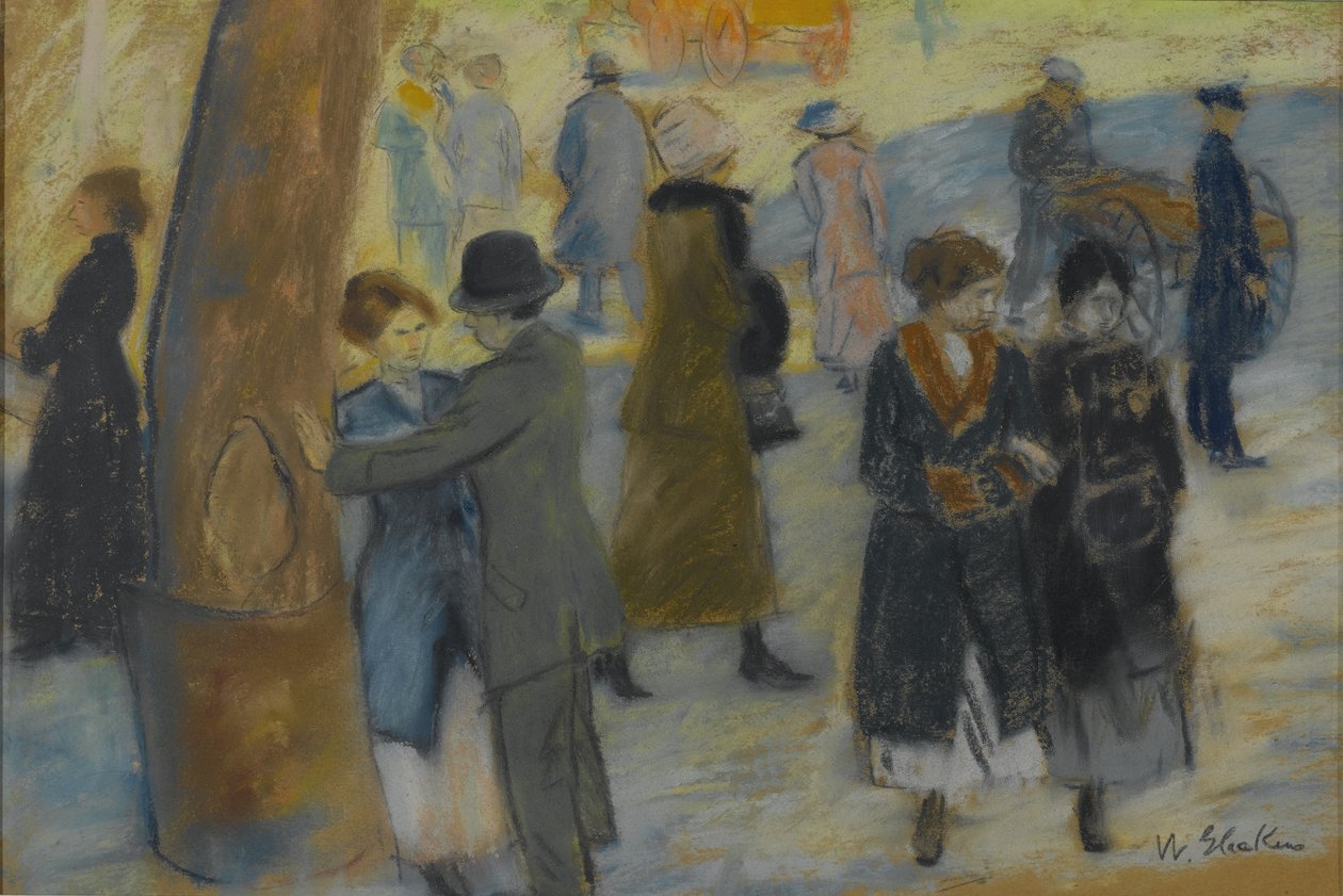 City Scene, ca. 1910 (pastell på baksiden av et tapetfragment) av William James Glackens