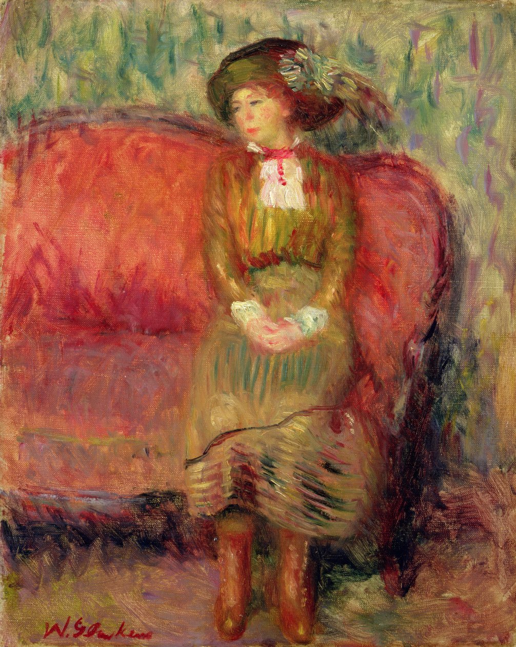 Jente sitter på en rød sofa av William James Glackens