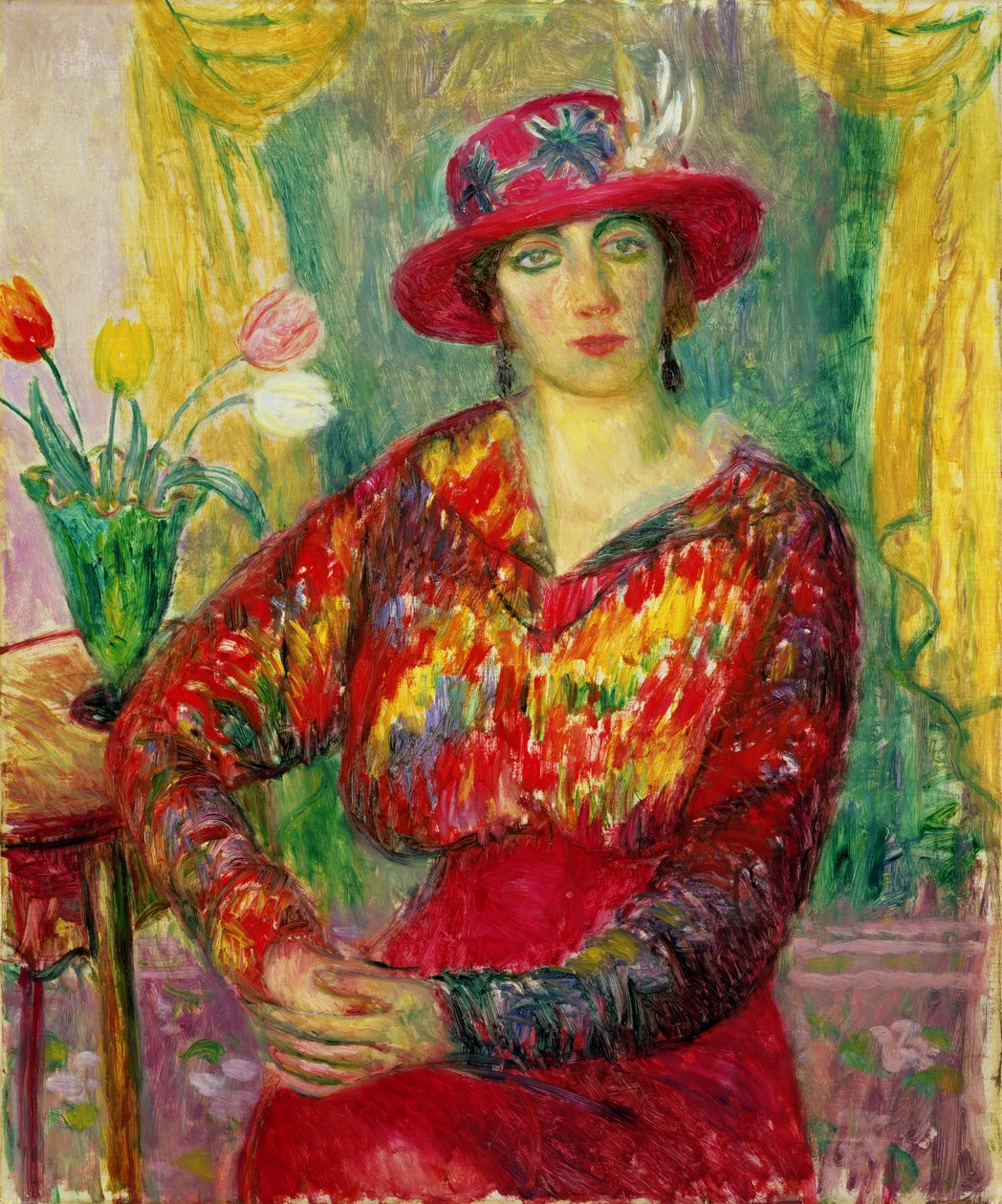 Jente i rød kjole og hatt av William James Glackens