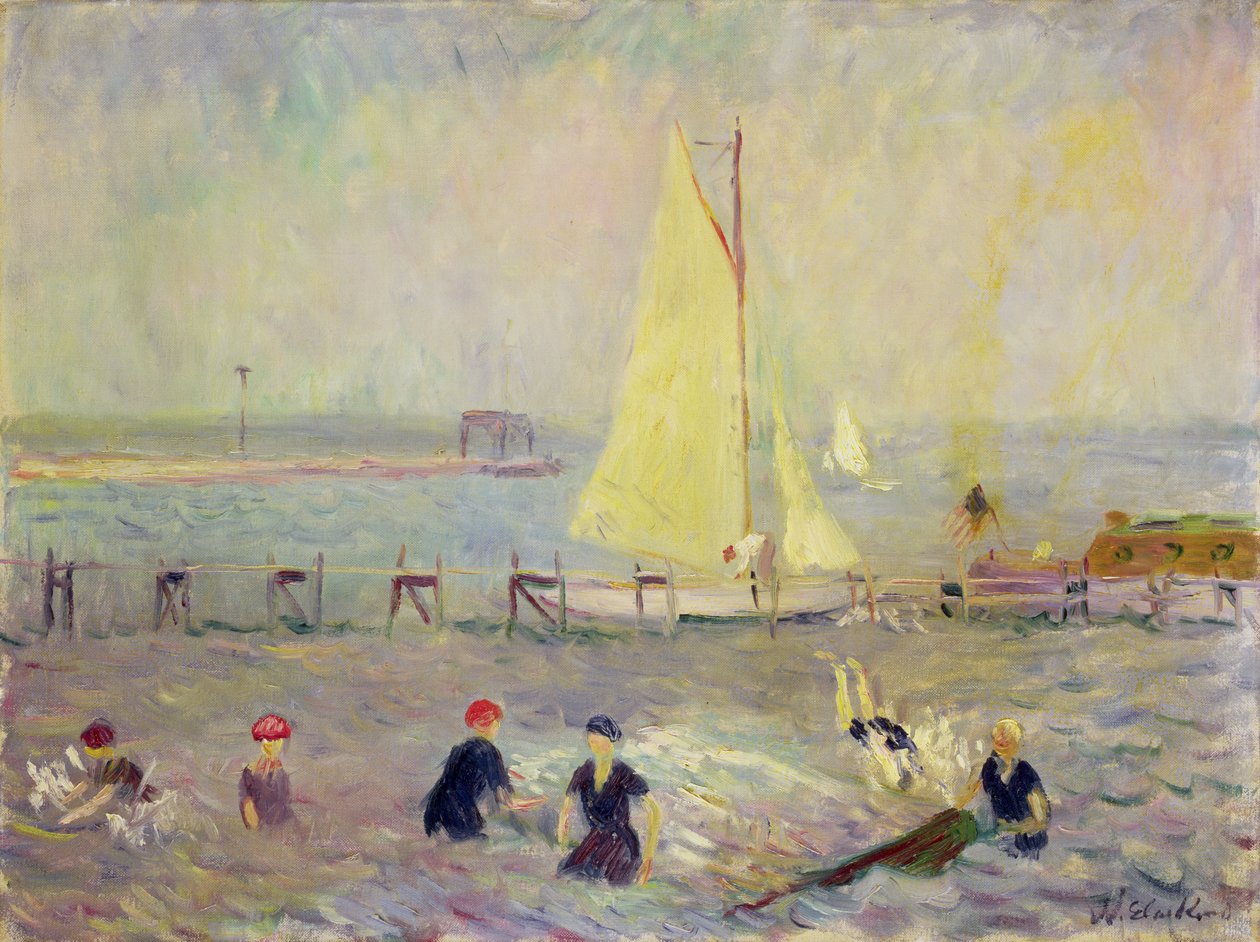 Havlandskap med to seilbåter og seks badende av William James Glackens
