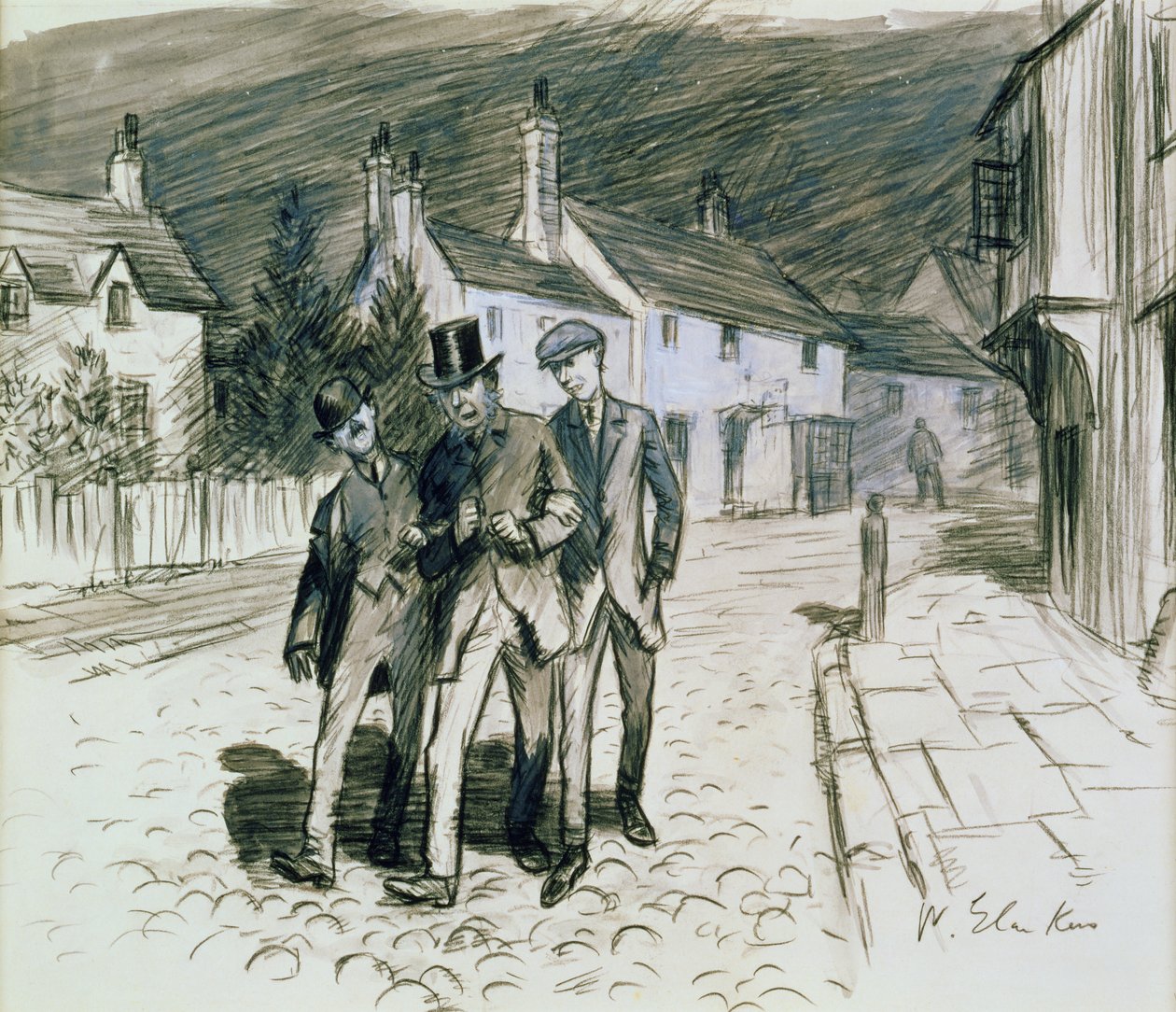 Gatescene med tre berusede (blyant og vask på papir) av William James Glackens