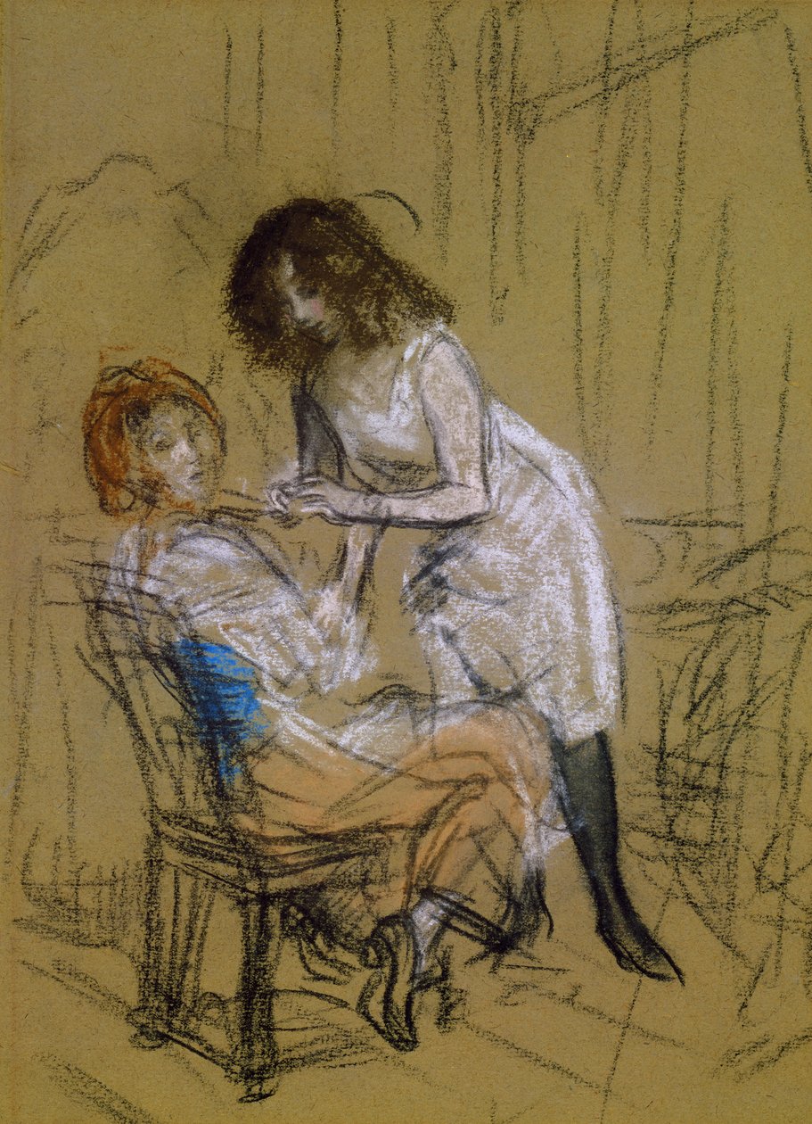 To kvinner i et soverom (kull og kritt på papir) av William James Glackens
